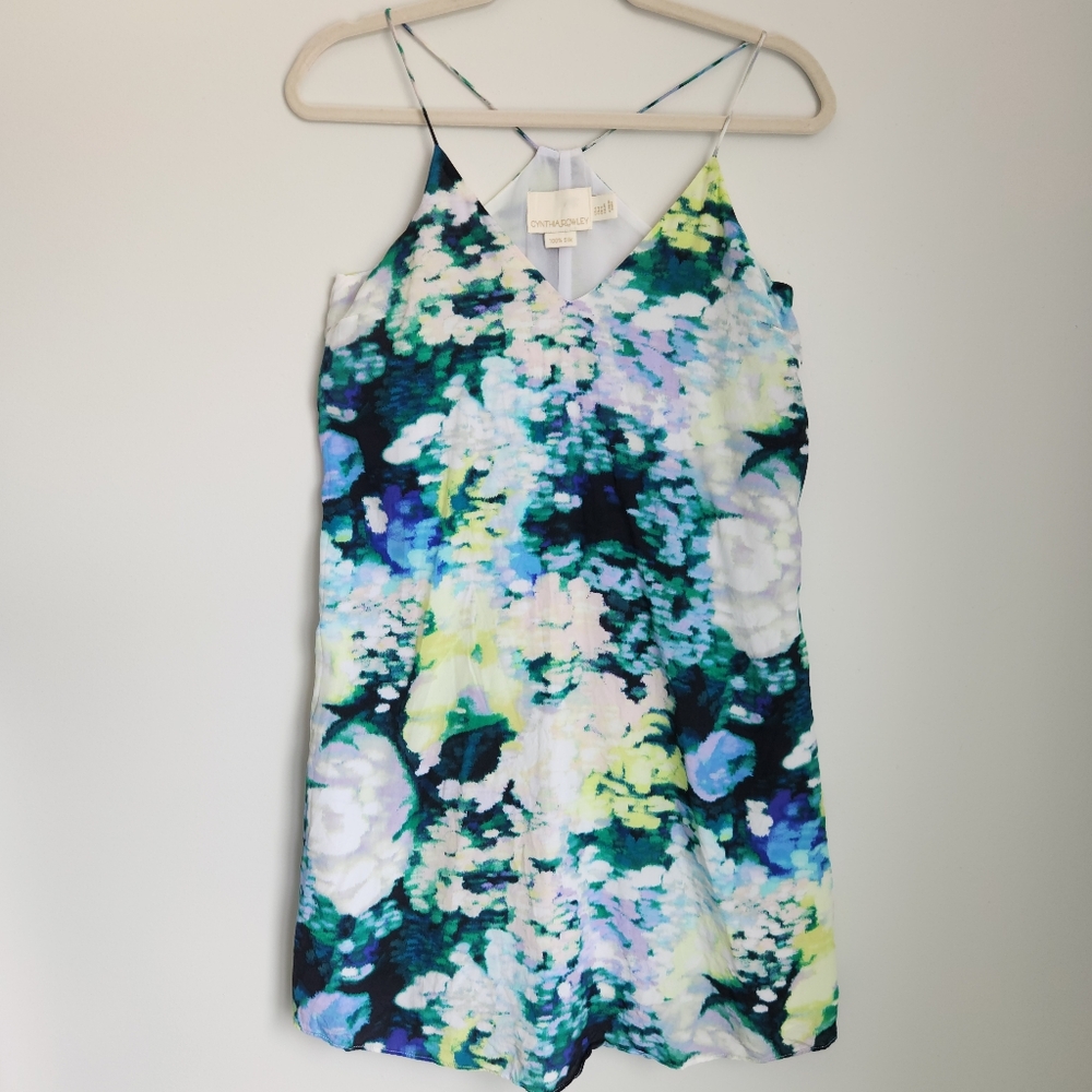 Cynthia Rowley 100% Silk Watercolor Floral Sleeveless Mini Shift Dress Size 4